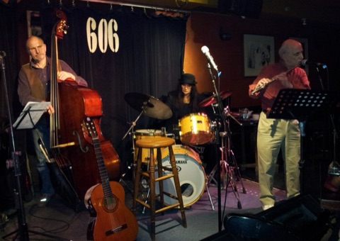 Simon Woolf (bass), Michelle Drees (drums) and Steve Rubie (flute) at the 606 Club, 10 January 2016