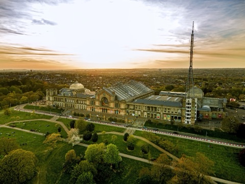 Alexandra Palace and park taken from a drone in sunset