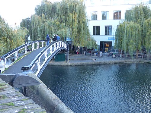 Camden Lock seen from the market, the roving bridge over the canal