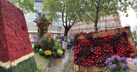 Sloane Square in Flower Show week: a giant slice of watermelon in red felt, a topiary dragon and a wall of red baubles and alliums among the plane trees, with people sheltering under umbrellas.
