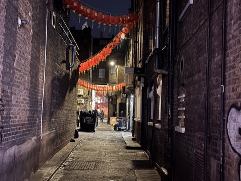 A narrow unlit alley behind Chinatown at night, lanterns strung overhead and bins along the wall