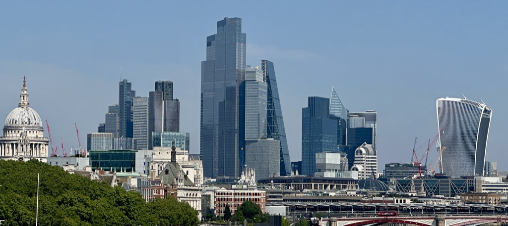 The City skyline from Waterloo Bridge: St Paul's dome on the left, and the cluster of glass towers around 22 Bishopsgate and the Walkie-Talkie filling the rest of the frame