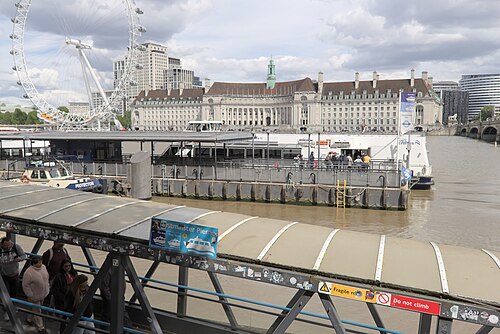 County Hall and the London Eye across the river from Westminster Pier