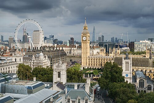 The Palace of Westminster and the river from above, the London Eye beyond