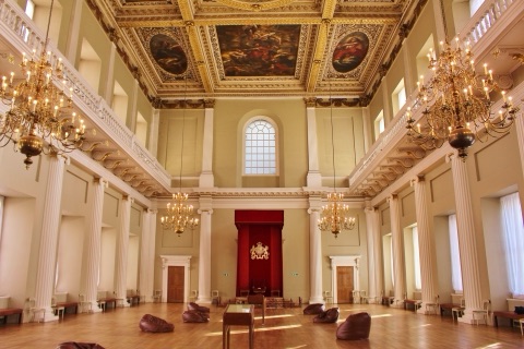 The Banqueting House hall, Rubens's painted ceiling in gilded panels above the columns