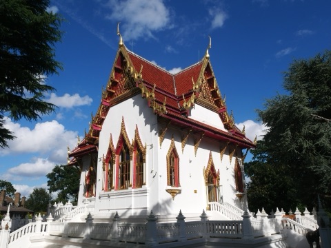 The white and gold Thai temple at Wimbledon, seen from the south-west