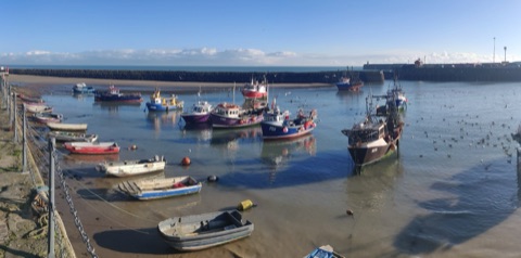 Small fishing boats and dinghies moored in a tidal harbour at low water, with the harbour wall and a lighthouse beyond and gulls on the water.