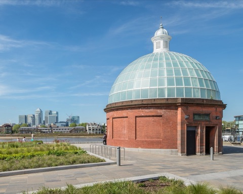 Greenwich Tunnel entrance on the Greenwich side, facing north towards Canary Wharf