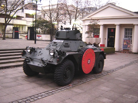 Armoured car at entrance to the Guards Museum, Birdcage Walk, Westminster, London. 14 January 2006. Photographer: Fin Fahey
