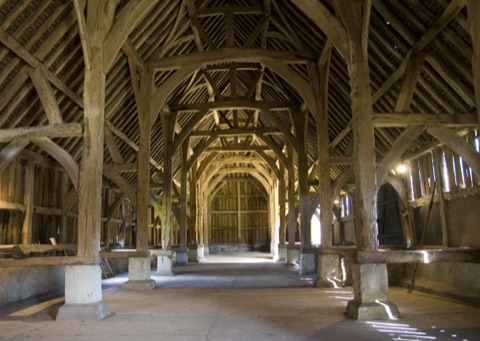View of the interior of the Harmondsworth Great Barn, looking north