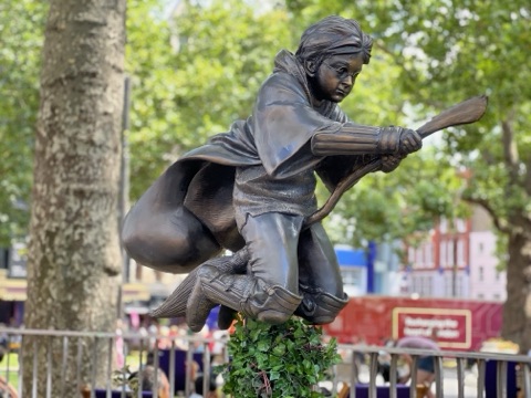 A statue of the famous sorcery Harry Potter. This statue has been made by Andrzej Szumczyk and is at Leicester Square in London for everyone's pleasure since 2020