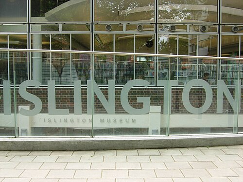 ISLINGTON etched across the glass front of Finsbury Library, with the museum below
