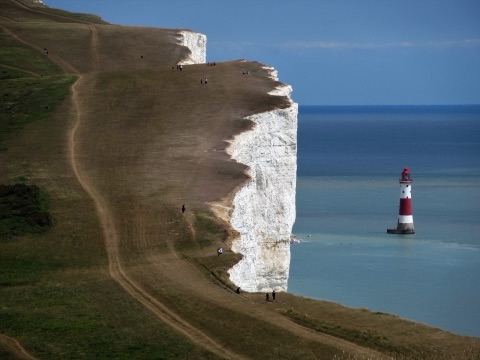 Chalk paths across a green headland leading to the edge of a sheer white cliff, with a red-and-white lighthouse standing in the sea below.