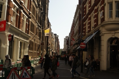 The narrow length of Maiden Lane, shopfronts on both sides