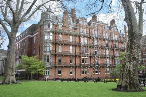Plane trees and benches in Mount Street Gardens, mansion blocks behind