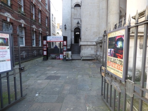 The entrance to the Museum of Comedy under St George's Bloomsbury