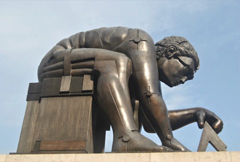 Eduardo Paolozzi's bronze statue of Sir Isaac Newton based on an image inspired by William Blake. Read more about Eduado Paolozzi Here