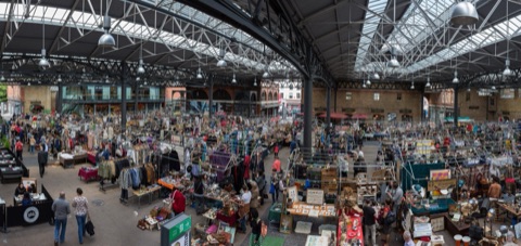 A panoramic view of Spitalfields Market in London, England