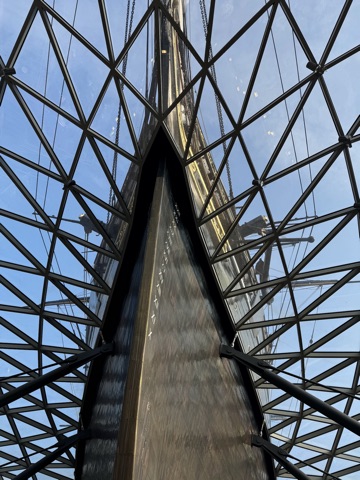 Looking up at the bow from directly below, draught marks in Roman numerals along the stem