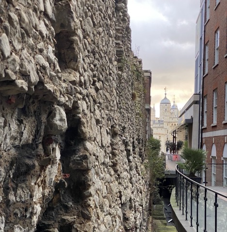 The Roman and medieval city wall at Tower Hill, the White Tower's turrets beyond