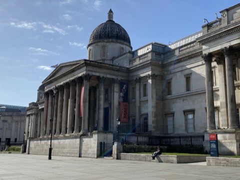The National Gallery's portico and dome from Trafalgar Square, the steps empty