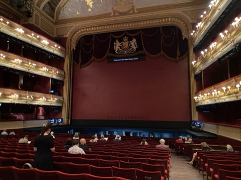 The auditorium from the back of the stalls: rows of red seats with a few people settling in, four tiers of gilded balconies lit by shaded lamps, and the red safety curtain down under the royal arms over the proscenium.