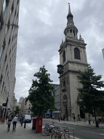 St Mary-le-Bow's Wren steeple rising over the trees on Cheapside