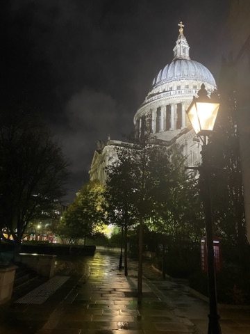 St Paul's dome floodlit at night above wet paving and a lit street lamp
