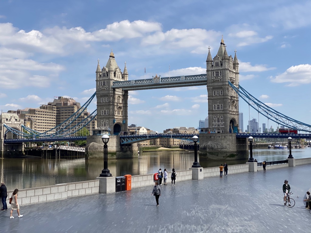 Tower Bridge from the north bank, its towers and high walkway above the river