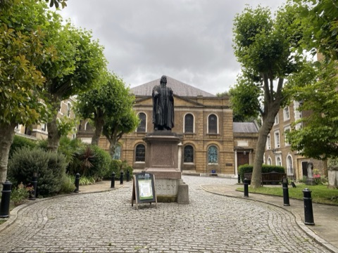 John Wesley's statue on the cobbled forecourt in front of his chapel on City Road