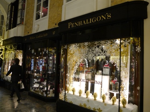 Penhaligon's shopfront in the Burlington Arcade, bottles ranged in the window
