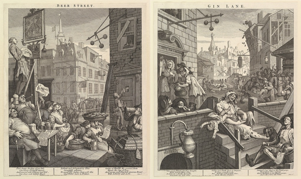 Two engravings side by side: on the left a street of well-fed drinkers going about their business, on the right a ruined one where a drunk woman lets her baby fall from her arms.