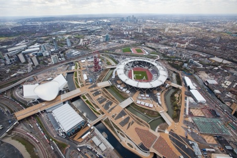 Final Construction of Olympic Park, London — (April 2012). Aerial view of the Olympic Park looking south west towards London. Picture taken on 16 April 2012