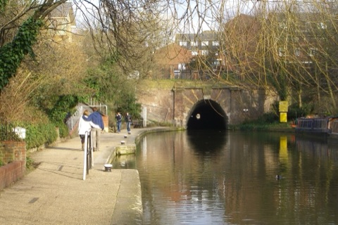 Regent's Canal, London, England and the West portal of the Islington tunnel