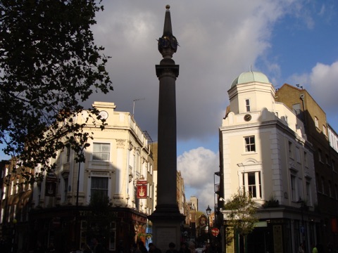 The sundial pillar at the centre of the Seven Dials junction
