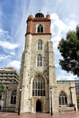 St Giles-without-Cripplegate, the medieval church standing among the Barbican towers