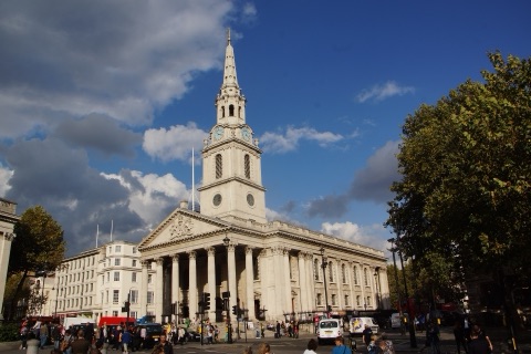 St Martin-in-the-Fields from Trafalgar Square: the Corinthian portico, the long colonnaded flank and the white steeple above it