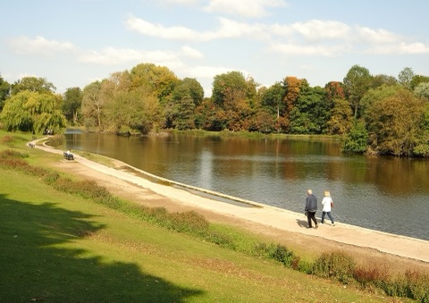 A path along a lake in a park with autumn trees on the far shore, two people walking beside the water in sunshine.