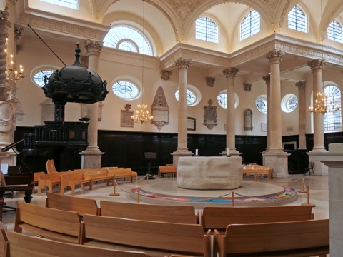 The round stone altar under Wren's dome inside St Stephen Walbrook