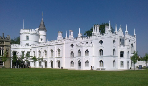 Horace Walpole's Twickenham house, Strawberry Hill, gleaming white in spring sunshine, soon after restoration