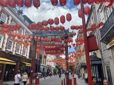 Red lanterns strung the length of Gerrard Street above the Chinatown gate