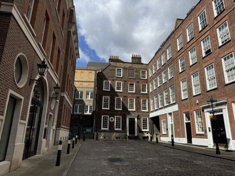 Gough Square, a cobbled courtyard with Dr Johnson's brick house at the end