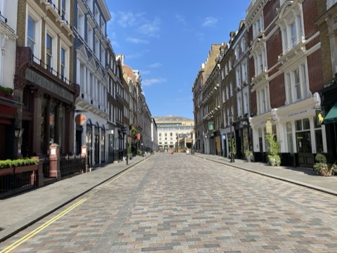 King Street, Covent Garden, empty in the morning, its granite setts running to the market building