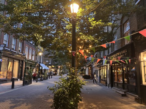 Lamb's Conduit Street in the evening, a lit lamppost under a plane tree with bunting and shopfronts
