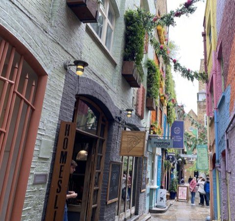 Neal's Yard, its walls painted in bright colours with window boxes and hanging plants