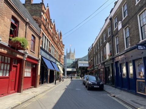 Park Street looking towards Borough Market, Southwark Cathedral's tower beyond
