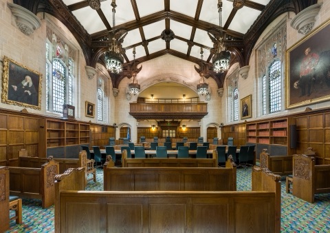 The interior of Court 1, the largest of the three courtrooms of the Supreme Court of the United Kingdom in Middlesex Guildhall, London, England
