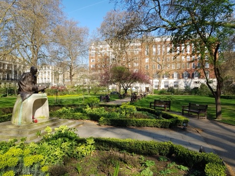 The garden in Tavistock Square, with the seated statue of Gandhi