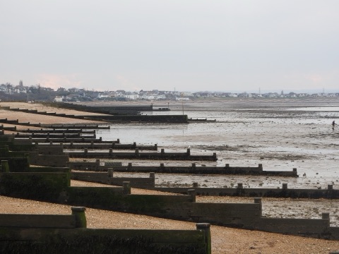 Wooden groynes running out across shingle and wet sand at low tide, a lone figure far out on the flats, and the white houses of the town along the shore.